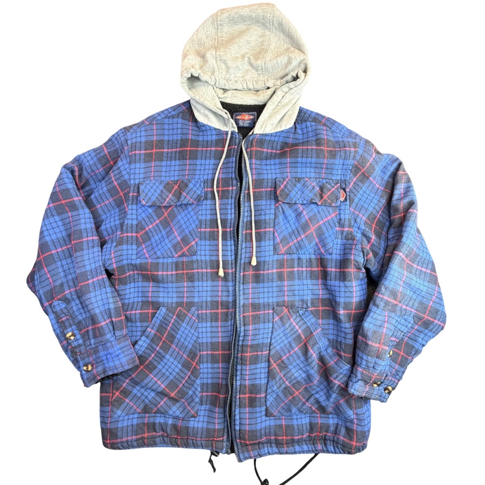 Arctic Wear Flannel Jacket Mens L Blue Plaid Sherpa Lined Hooded Full Zip (READ)